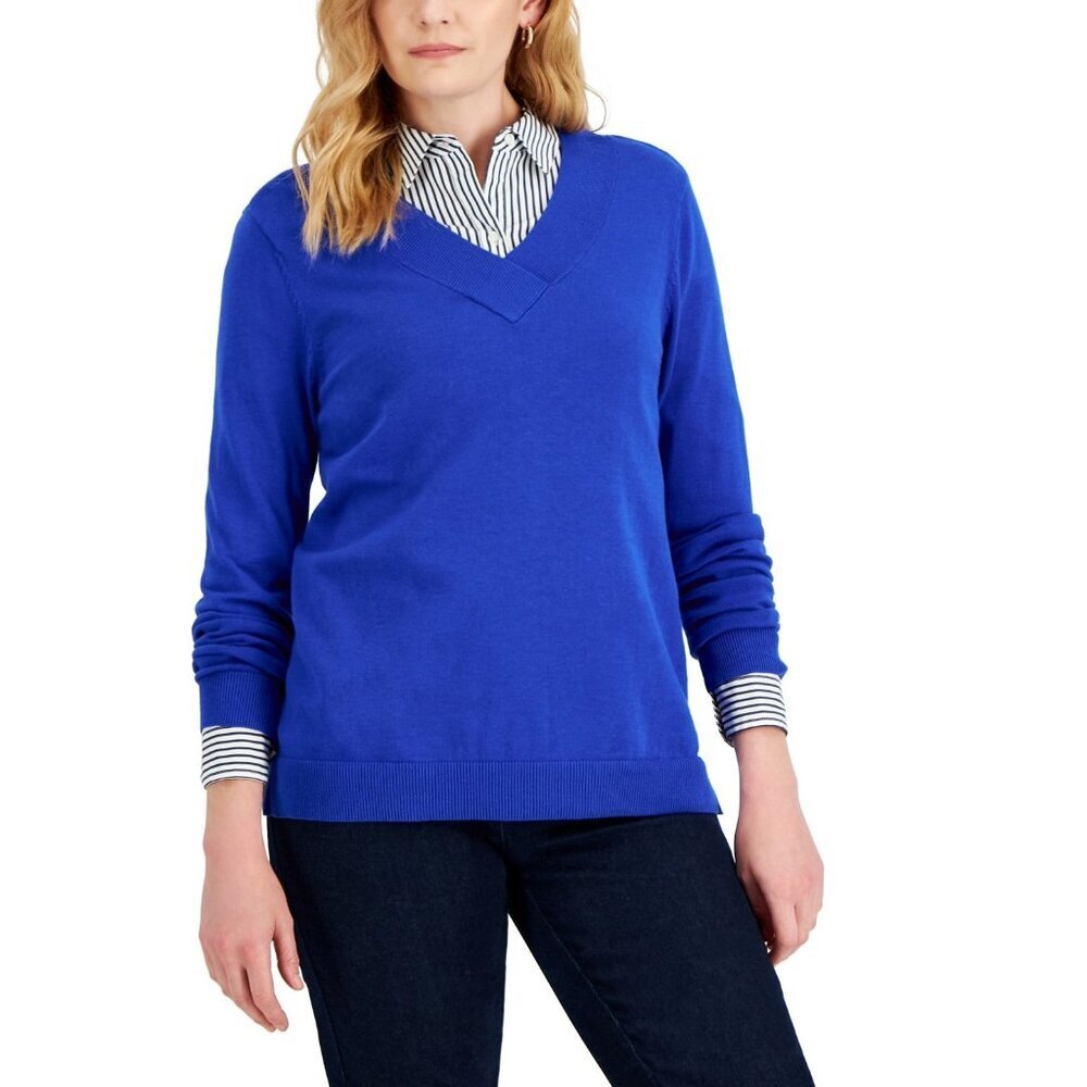 Karen Scott Womens‎ Size XS Long Sleeve Cotton V-Neck Sweater in Ultra Blue SW3